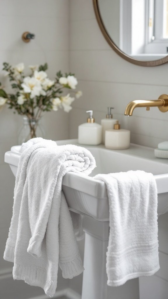 A pedestal sink area with a soap dispenser and neatly placed towels