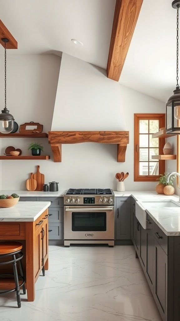 Elegant kitchen showcasing farmhouse charm with marble countertops and wooden fixtures