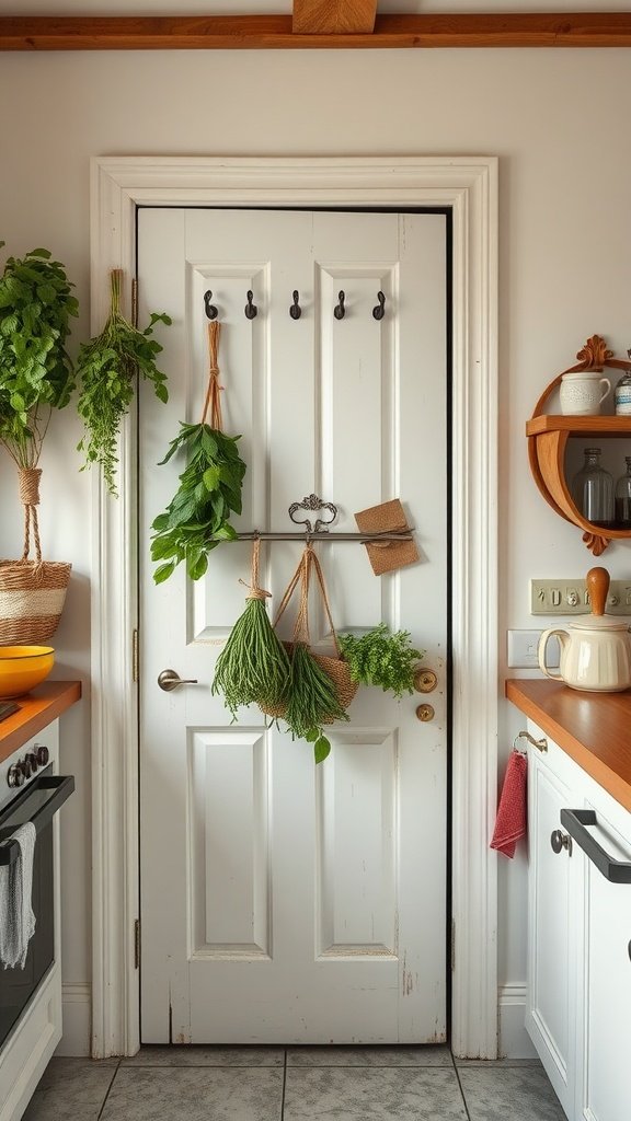 A farmhouse pantry door decorated with fresh herbs, adding a personal touch to the kitchen.