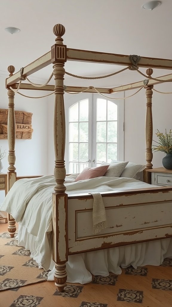 A cozy farmhouse shabby chic canopy bed with distressed wood and soft bedding.
