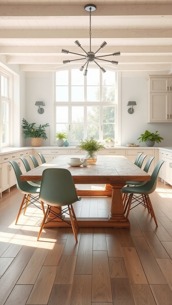 Cozy farmhouse kitchen with a modern table and chairs.