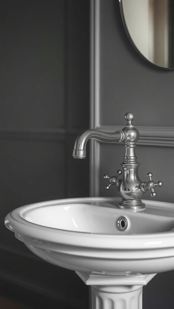 A close-up view of a stylish pedestal sink with a vintage faucet.