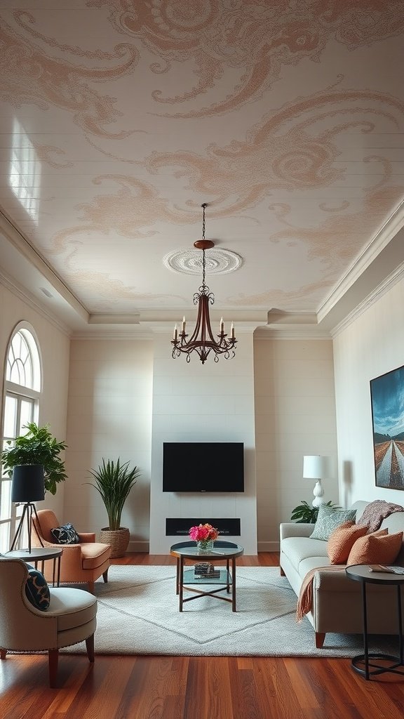 Living room with a beautifully patterned faux ceiling design.