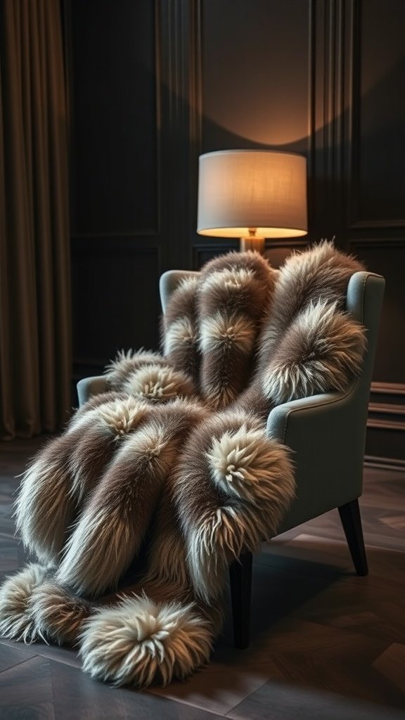 A cozy chair draped with a luxurious faux fur throw in a dimly lit living room