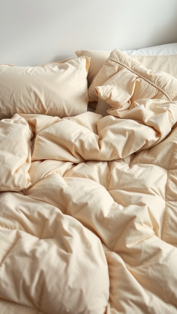A neatly made bed featuring soft beige feather down comforter and pillows.