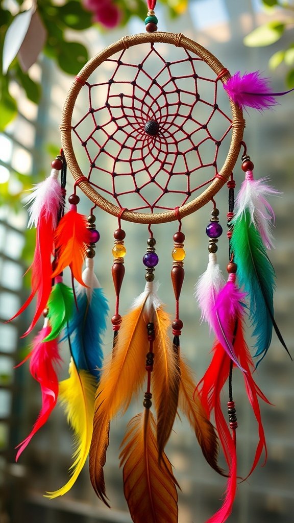 A colorful feathered dreamcatcher with various feathers and beads