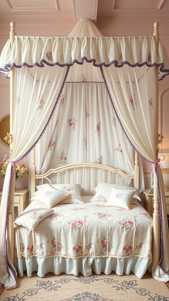 A feminine floral canopy bed with soft fabric and floral patterns.