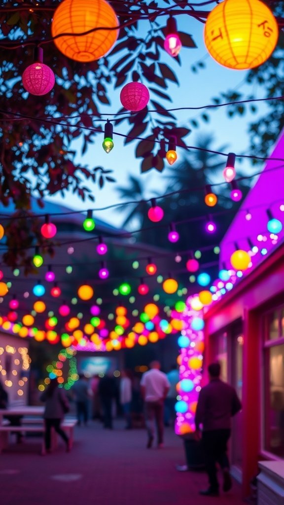 Colorful string lights illuminating a lively outdoor space with people walking around.