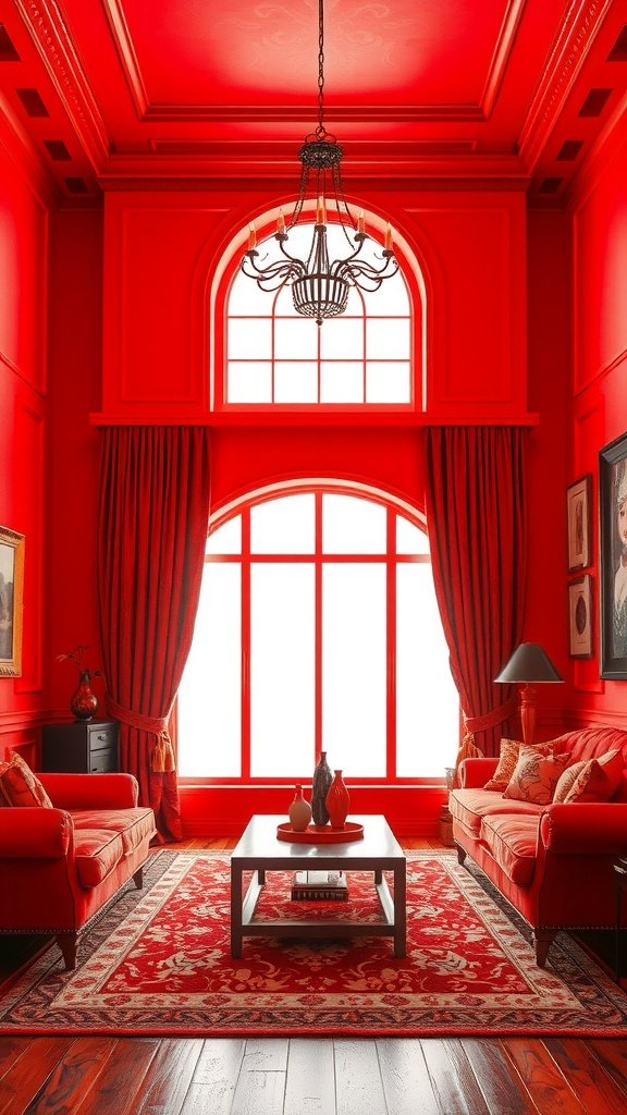 A living room with fiery red walls and matching furniture, featuring a chandelier and large windows.