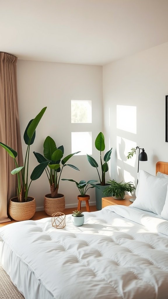 A cozy bedroom with various indoor plants and a neatly made bed.