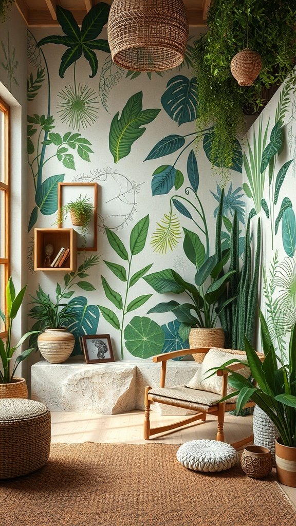 A cozy room filled with plants and nature-themed wall art.