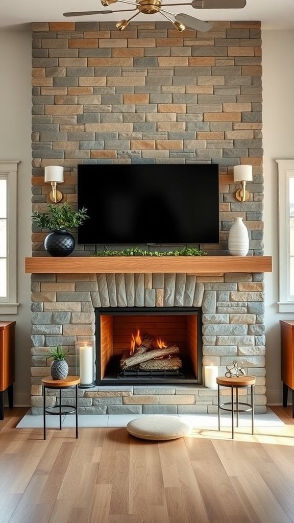 Modern farmhouse living room featuring a stylish stone fireplace with wooden mantel.