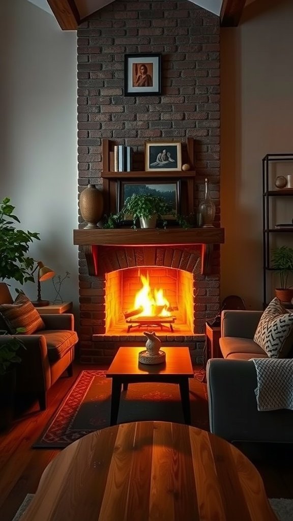 A cozy living room with a glowing fireplace, comfortable seating, and warm lighting.