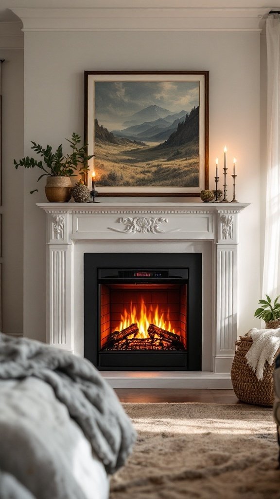 A cozy bedroom featuring a warm glow from an electric fireplace, candles, and soft blankets.
