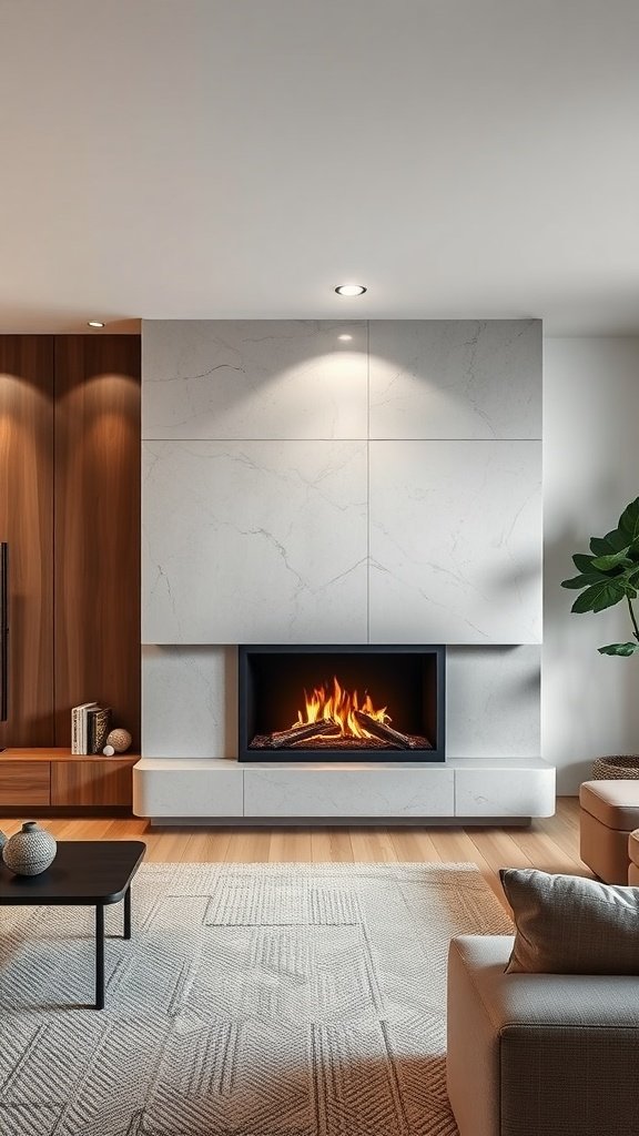 Modern fireplace with integrated TV unit, showcasing a cozy fire and sleek design.