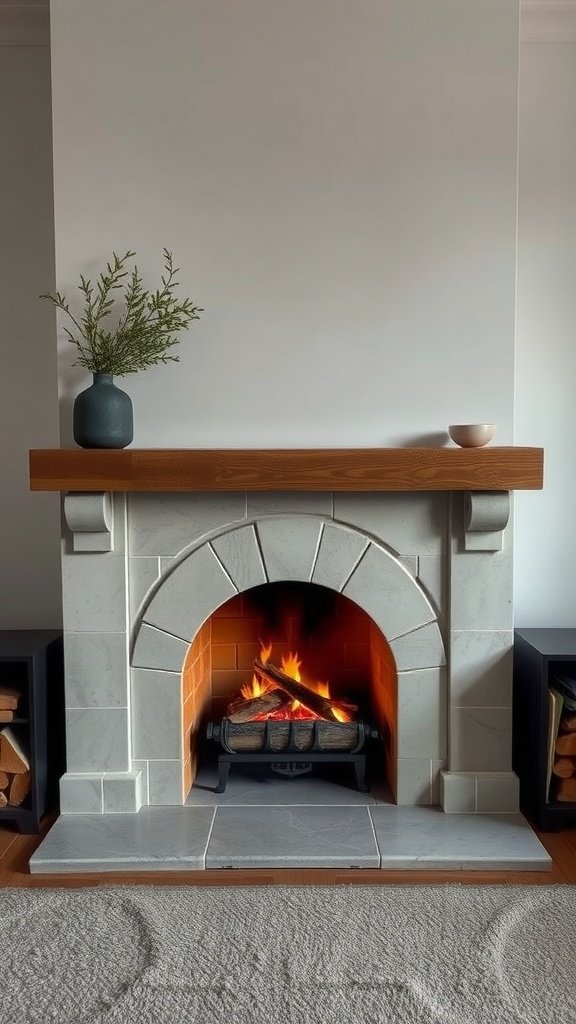 A modern fireplace with a unique stone hearth and wooden mantel, featuring a small vase and decorative bowl.