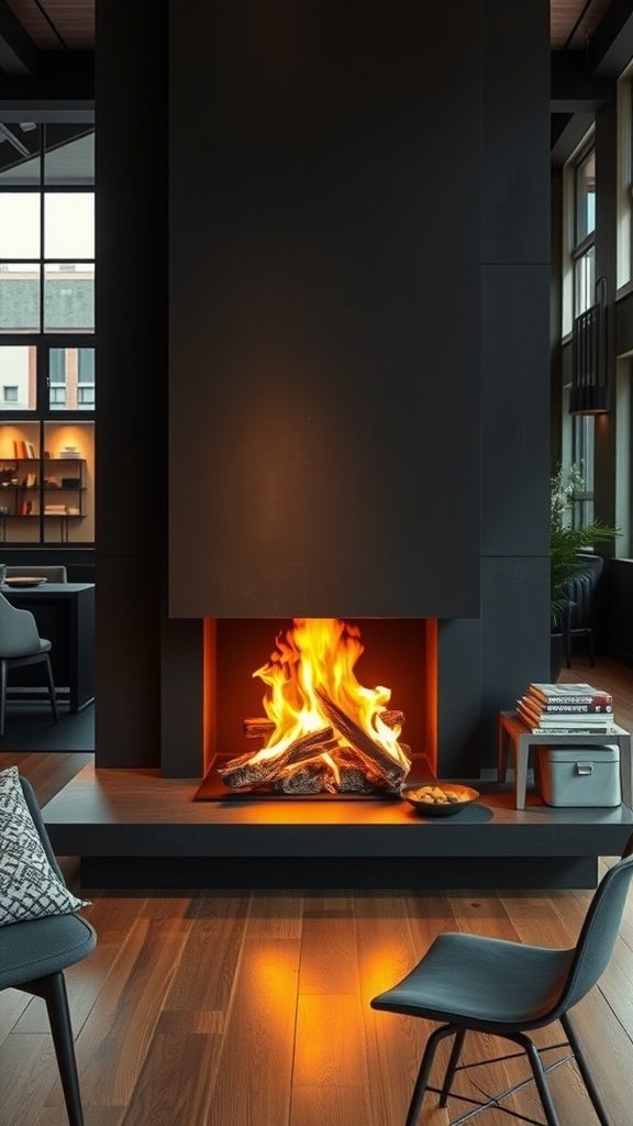 A modern fireplace with artistic flames and a stylish mantel.