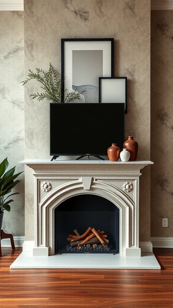 A modern fireplace with a decorative mantel, featuring a black television above it and artistic frames on the wall.