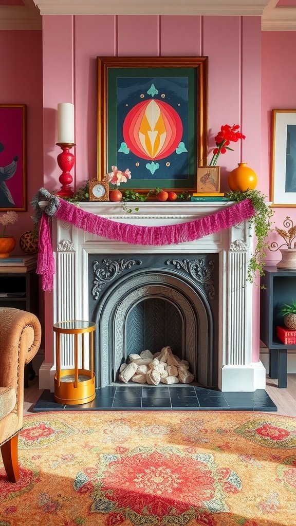 Colorful fireplace with pink walls and vibrant decor accents.