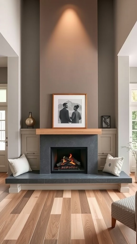 Modern fireplace with integrated seating in a stylish living room.