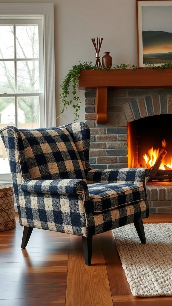 A cozy flannel upholstered chair in a living room by the fireplace.