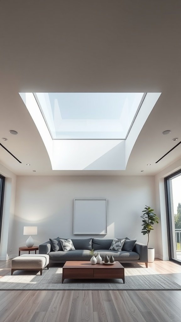 A modern living room featuring a flat panel skylight, stylish furniture, and a warm, inviting atmosphere.