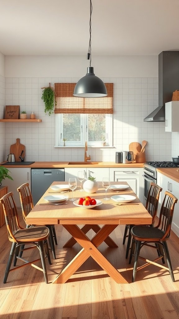 A modern kitchen with a wooden dining table set for six, surrounded by stylish chairs.