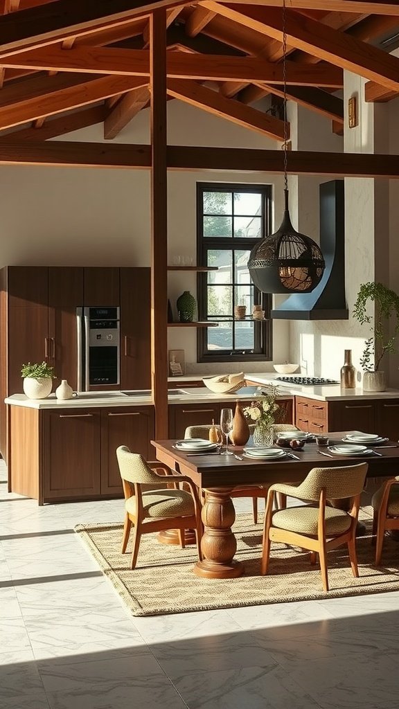 A spacious open kitchen with wooden accents and a dining area.