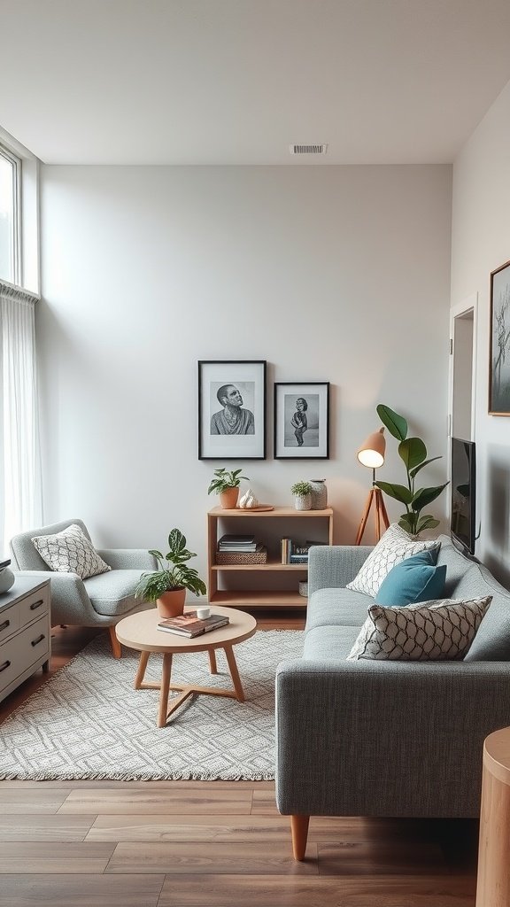 A small minimalist living room with flexible seating options.