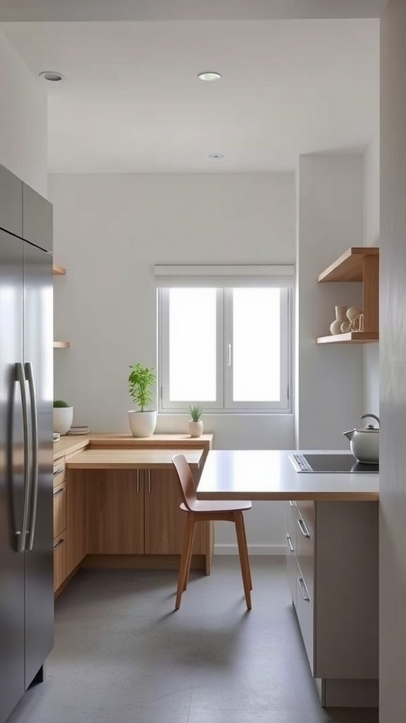 A modern minimalist kitchen featuring a flexible workspace with clean lines and smart storage solutions.