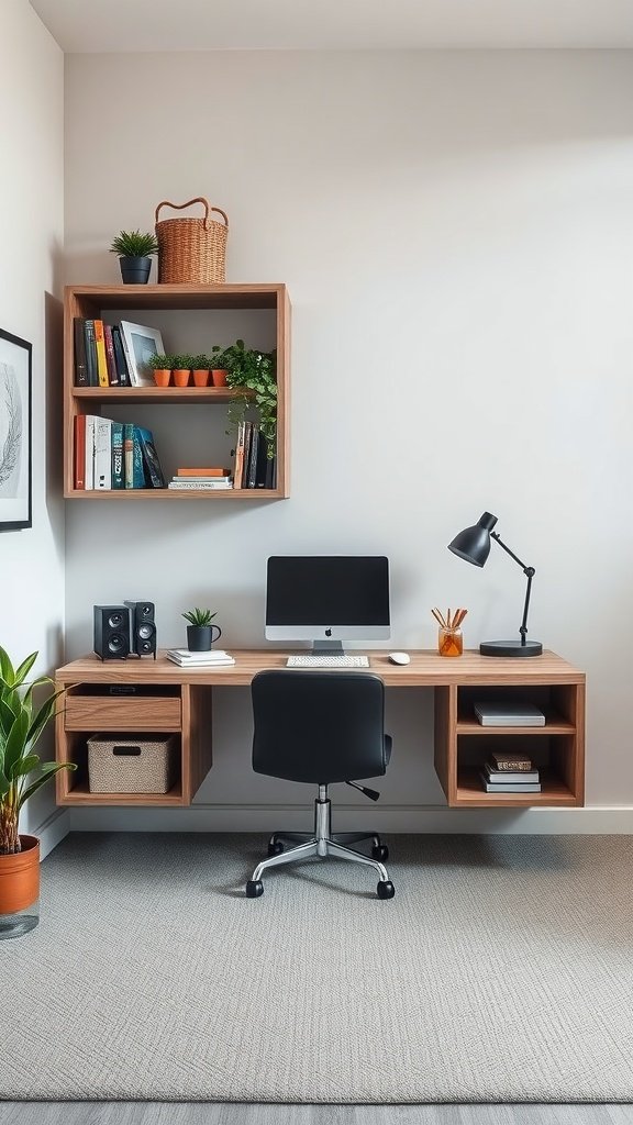 Stylish floating desk with shelves in a small space, featuring a computer, plants, and decorative items.