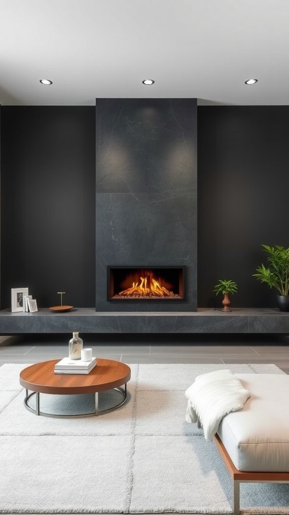 A modern floating fireplace with a sleek design, mounted on a dark wall.