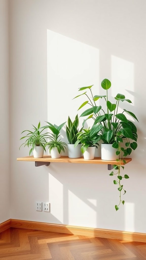 A wooden floating shelf with various green plants in white pots on a bright wall.