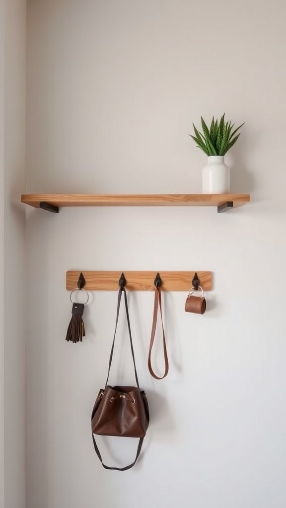 A floating wooden shelf above a wall-mounted rack with hooks for bags and accessories.