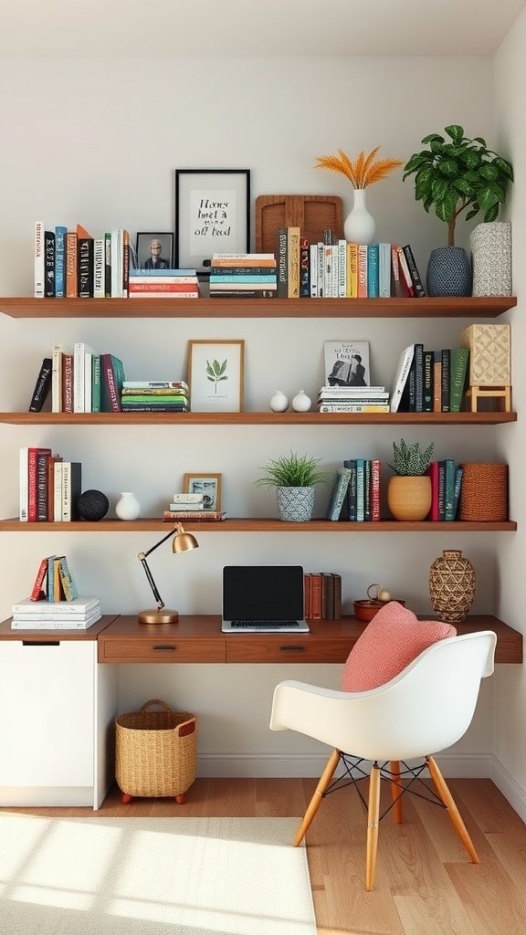 A cozy study nook featuring floating shelves filled with books and decorative plants.
