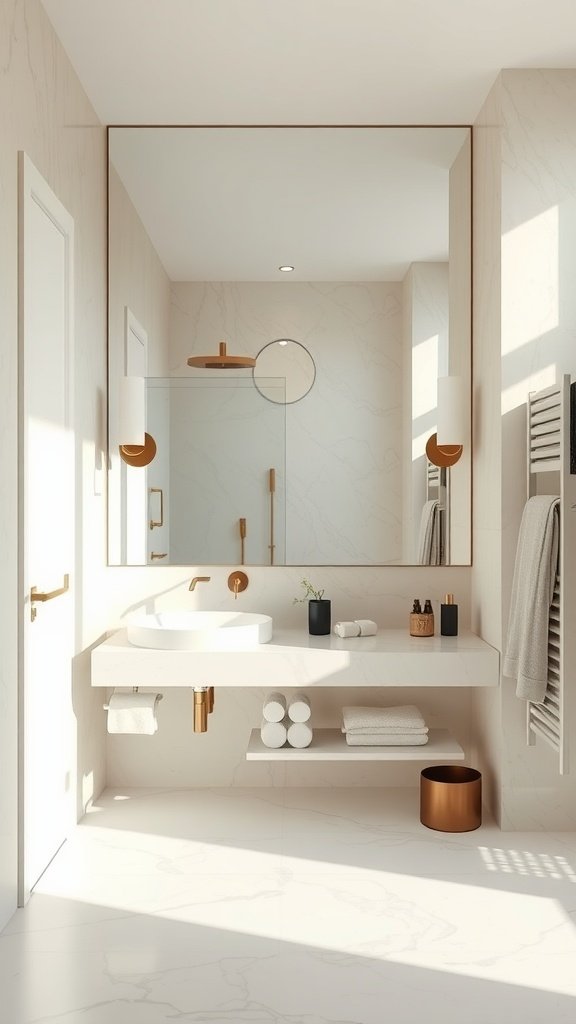 A modern bathroom featuring a floor-to-ceiling mirror, stylish lighting, and minimalistic decor.