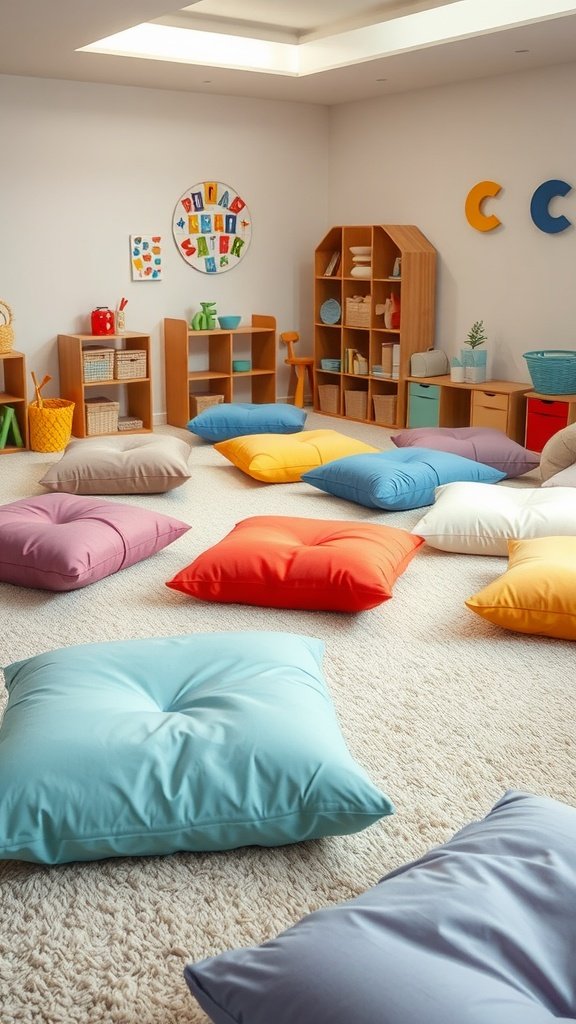 Colorful floor cushions arranged in a playful space for toddlers.