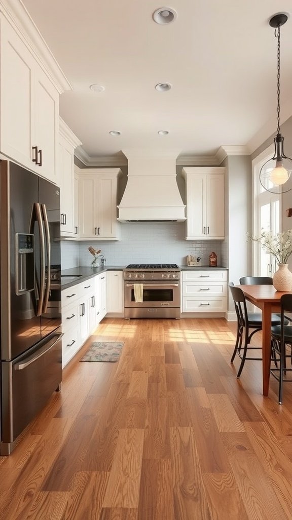 A modern kitchen featuring hardwood flooring and neutral tones.