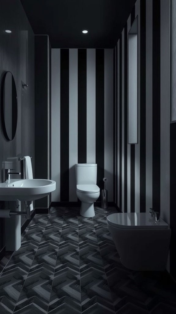 A modern dark bathroom featuring asymmetric stripes on the walls and patterned dark flooring.