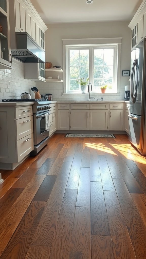 A bright kitchen with wooden flooring and modern appliances.