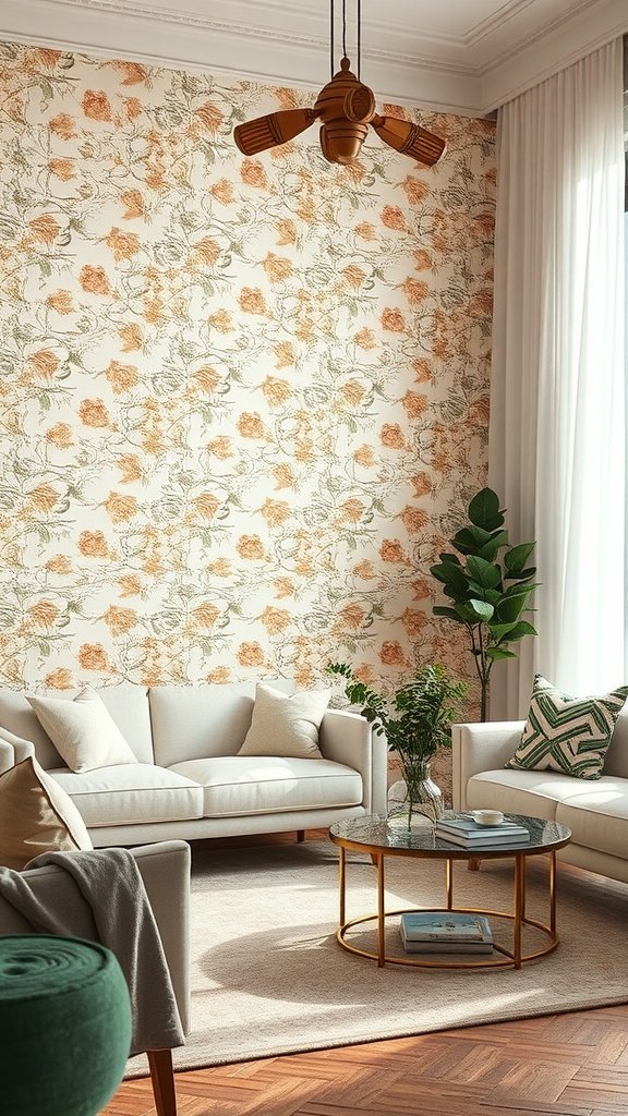 Living room featuring floral textured wallpaper with a cozy couch and decorative plants.