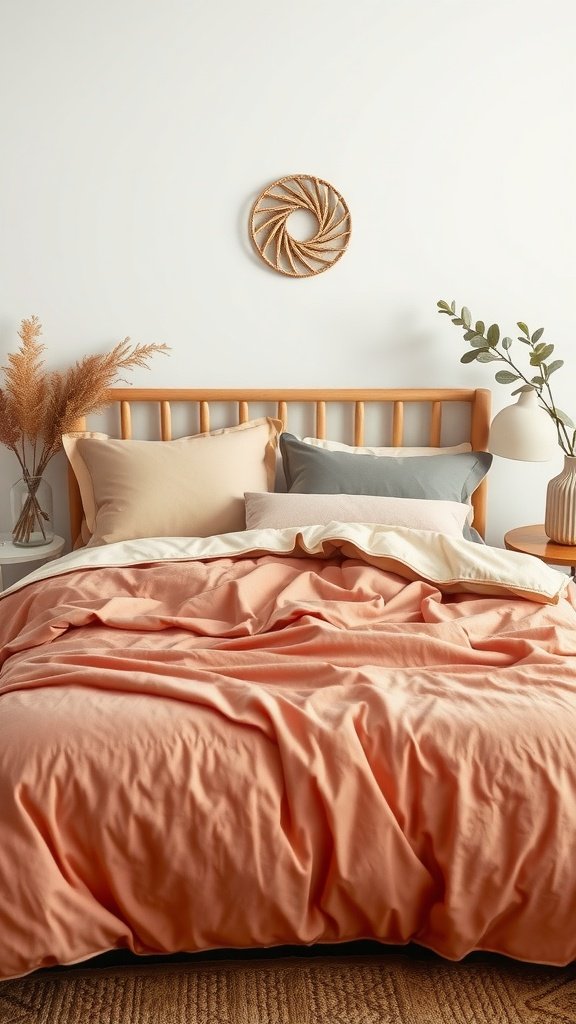 Cozy bedroom with layered textures and soft color palette.