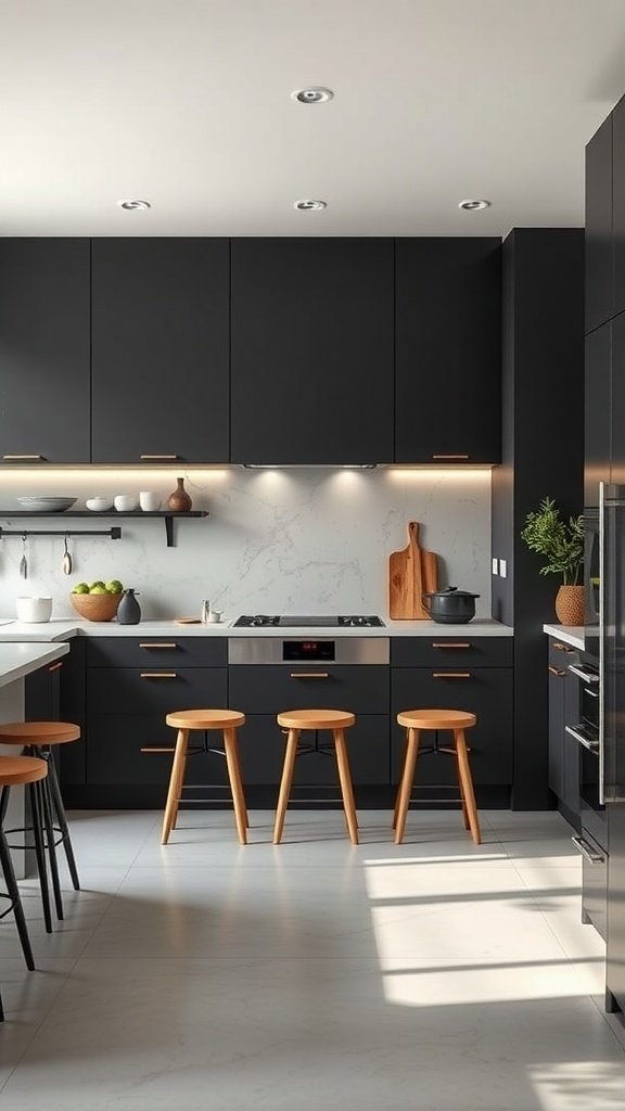 A modern kitchen featuring dark cabinets and wooden stools with a clean, minimalist design.