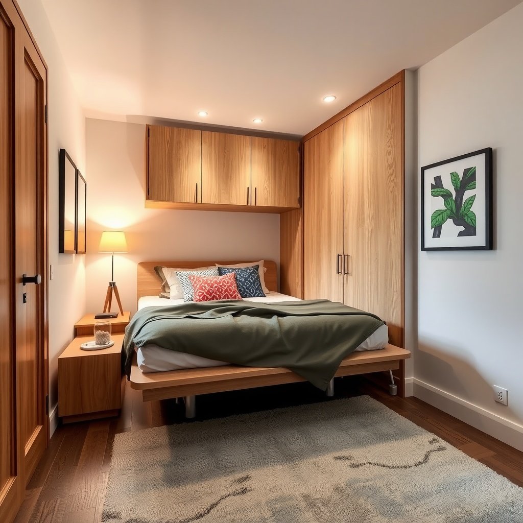 A stylish fold-down Murphy bed in a modern bedroom, showcasing smart space-saving design.