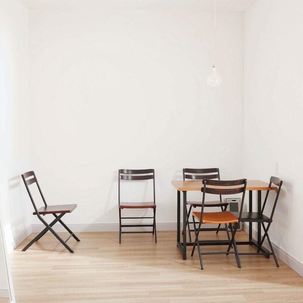 A small dining area with a foldable table and chairs in a minimalist room.