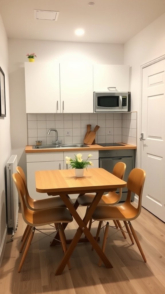 A cozy small kitchen featuring a foldable table and chairs, maximizing space and functionality.