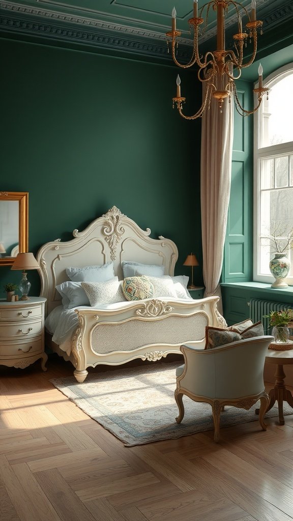 A luxurious bedroom featuring forest green walls and antique white furniture, creating a timeless design.