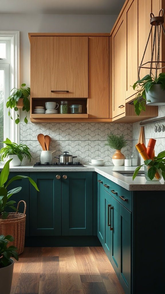 A modern kitchen featuring forest green cabinets and light oak cabinetry with plants.