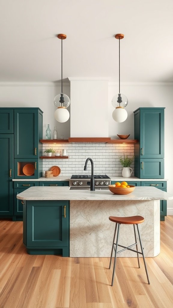Kitchen featuring forest green cabinets and natural stone countertops with wooden flooring.