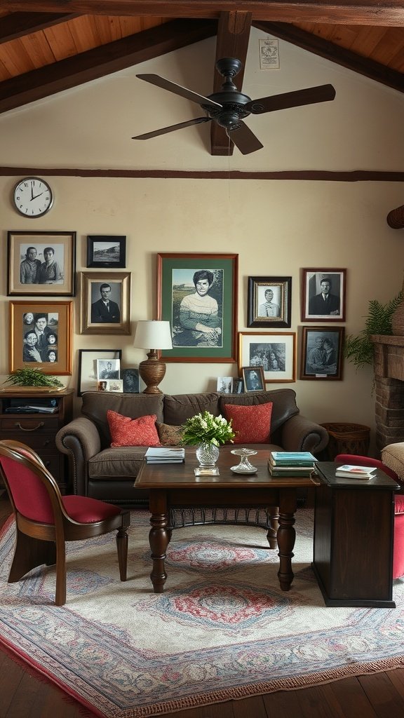 A rustic living room with framed family photos on the wall, showcasing a cozy and inviting space.